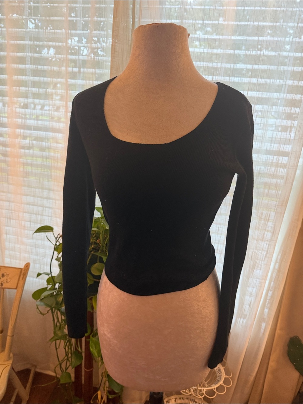 Brandy Melville Black Ribbed Scoop Neck Long Sleeve Top